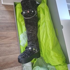 CROCS Leopard Print Over the Knee Boots with Chain Accents